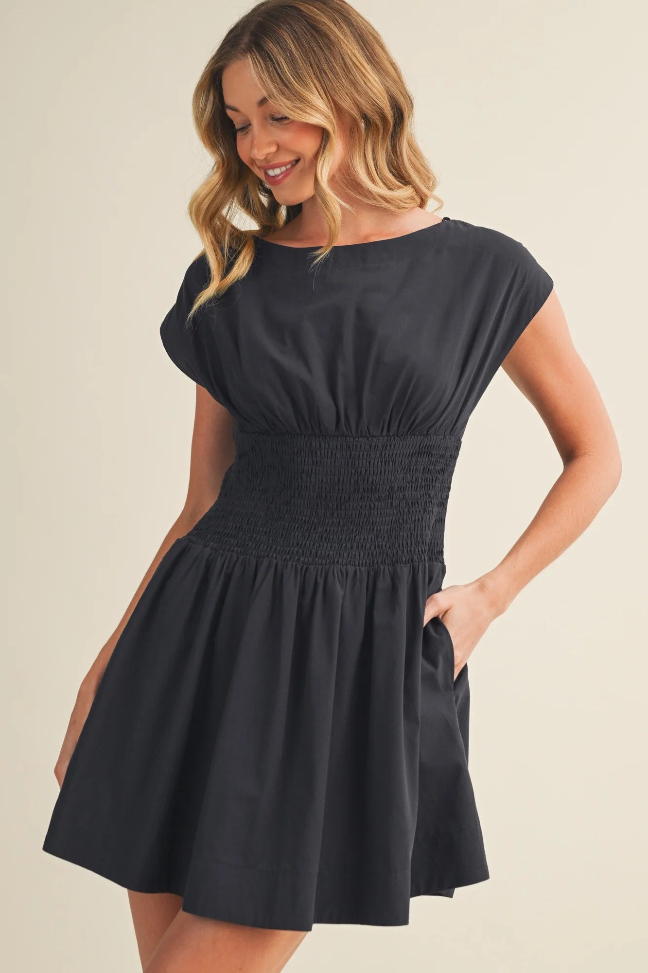 Scoop Neck Smocking Waist Dress in Navy
