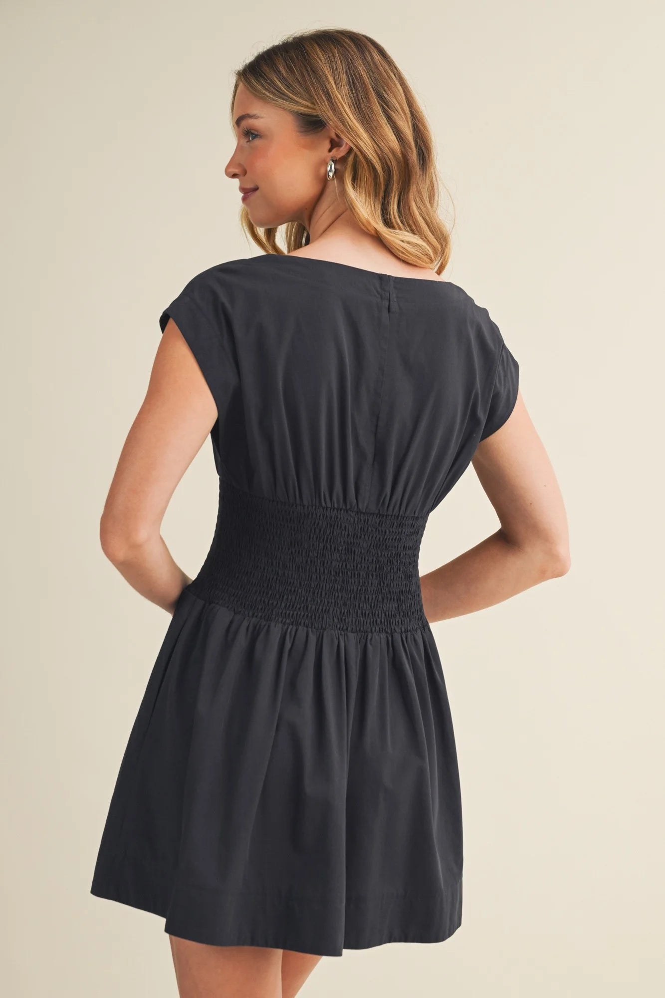Scoop Neck Smocking Waist Dress in Navy