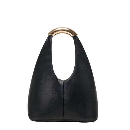 A black leather shoulder bag with a distinctive curved top handle made of polished gold-tone metal, shown against a plain light gray background.