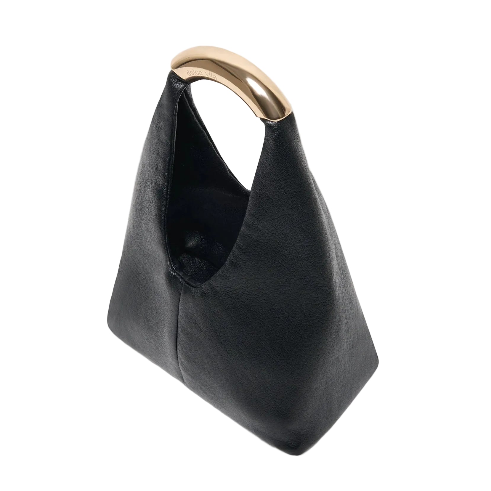 Black handbag with a gold handle on a light gray background