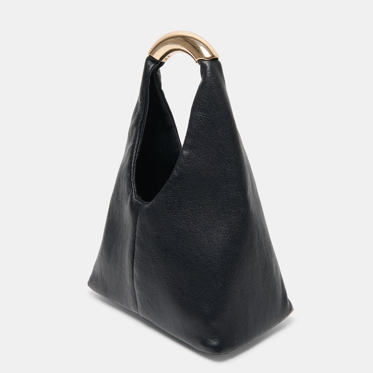 Black handbag with a gold handle on a white background