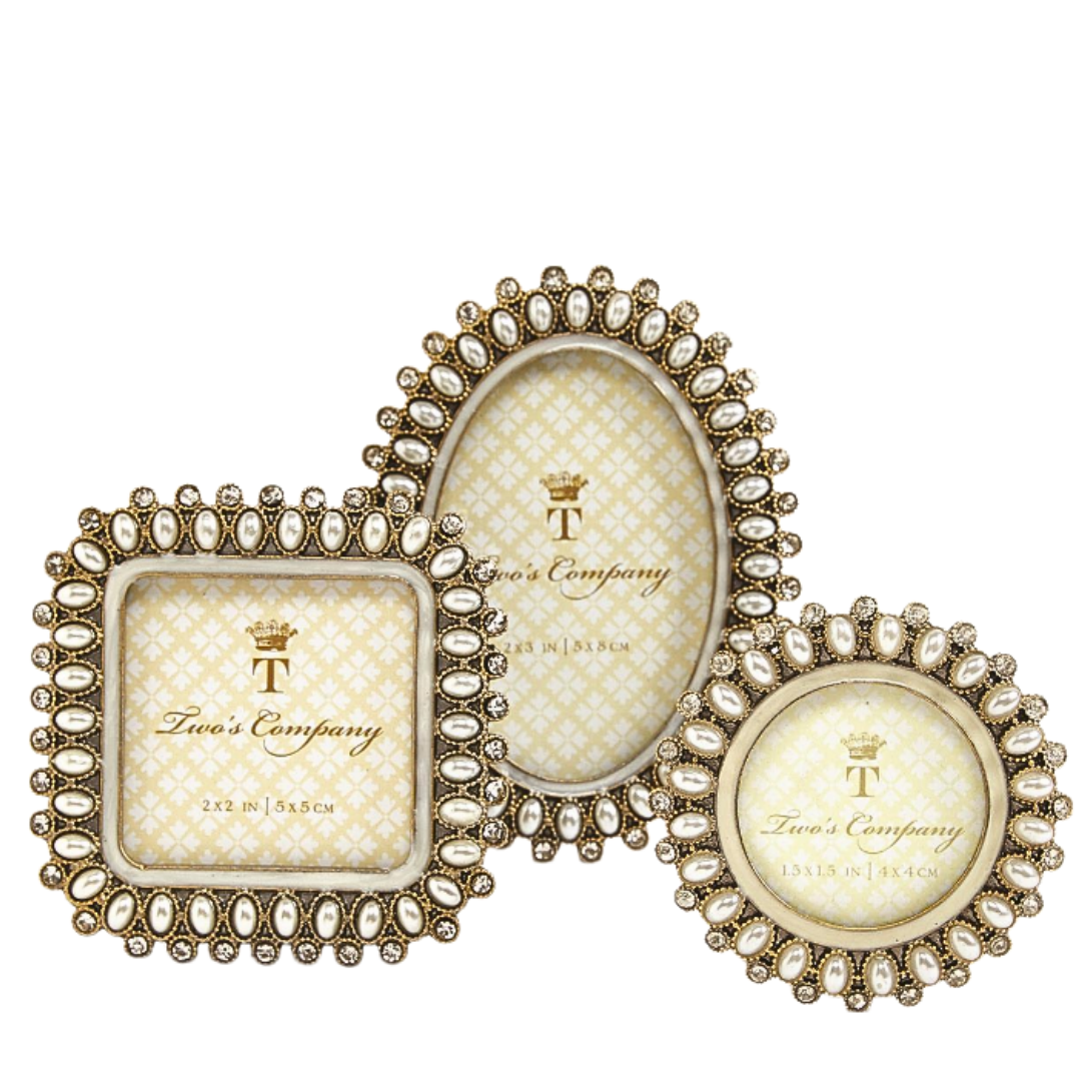 Three decorative picture frames from Tinsley's Company arranged together on a plain white background. The frames have ornate beaded metallic borders and cream-colored textured centers with gold lettering.