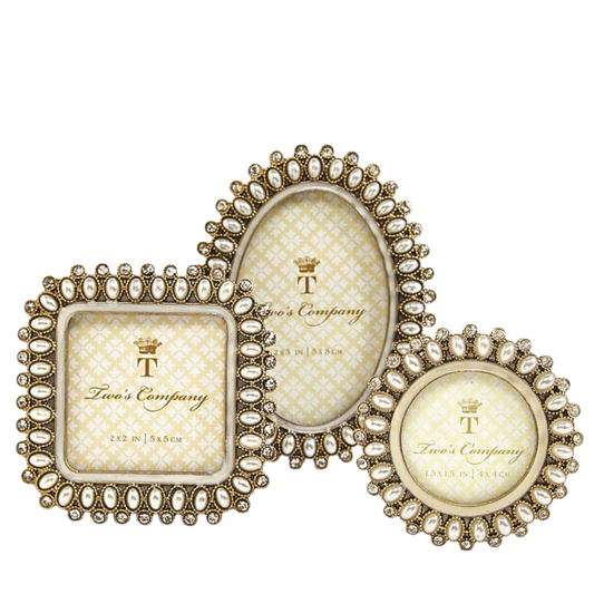 Three decorative picture frames from Tinsley's Company arranged together on a plain white background. The frames have ornate beaded metallic borders and cream-colored textured centers with gold lettering.