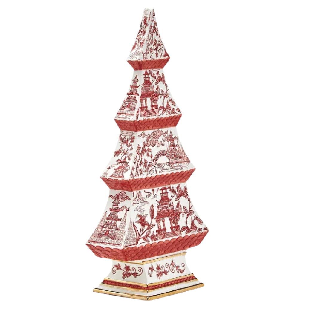 Christmas tree sculpture with red and white Toile design trimmed in gold