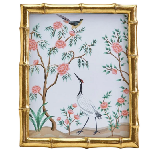 A rectangular tray with a gold bamboo-style frame, featuring a hand-painted floral and bird illustration on a white background.