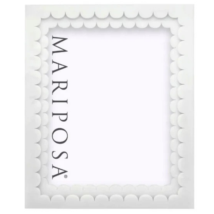 A white rectangular picture frame with a decorative scalloped border and the brand name 'MARIPOSA' printed vertically on the left side, shown on a plain white background.