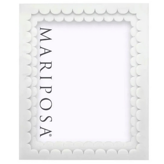 A white rectangular picture frame with a decorative scalloped border and the brand name 'MARIPOSA' printed vertically on the left side, shown on a plain white background.