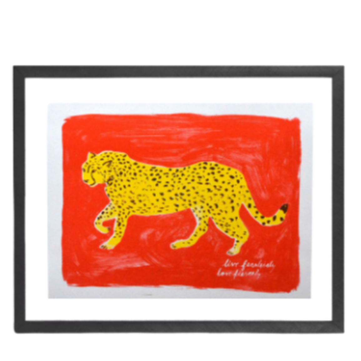 Framed artwork with a red background and yellow cheetah design on a white background