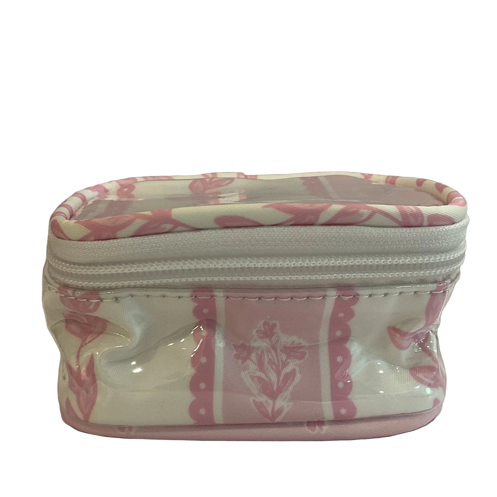 A small zippered cosmetic pouch with a pink and white floral pattern, shown on a plain light gray background.