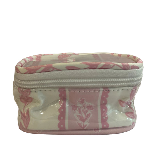A small zippered cosmetic pouch with a pink and white floral pattern, shown on a plain light gray background.