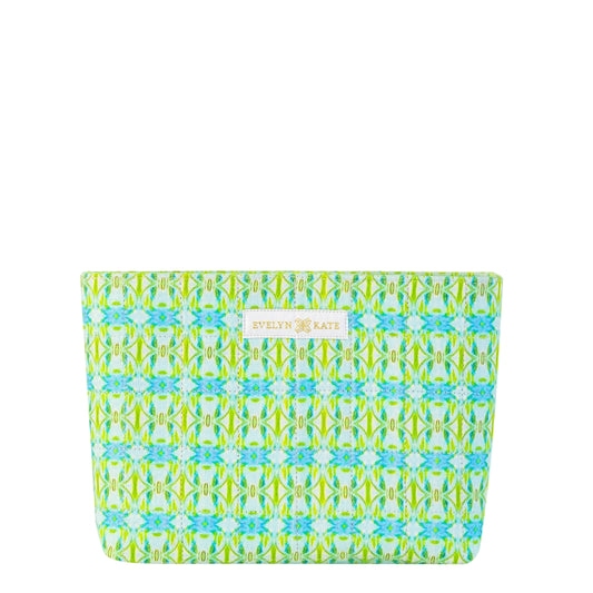 Rectangular pouch with a green and blue pattern on a white background