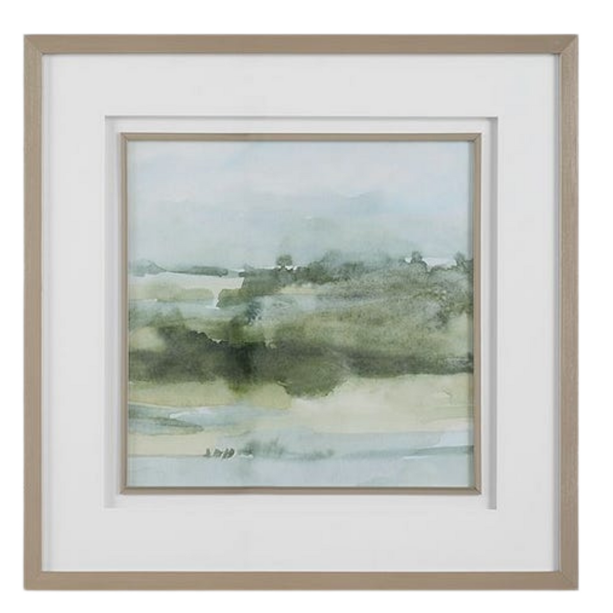 A framed watercolor landscape painting featuring soft green fields and a pale blue sky, presented in a light beige frame with a white mat border.