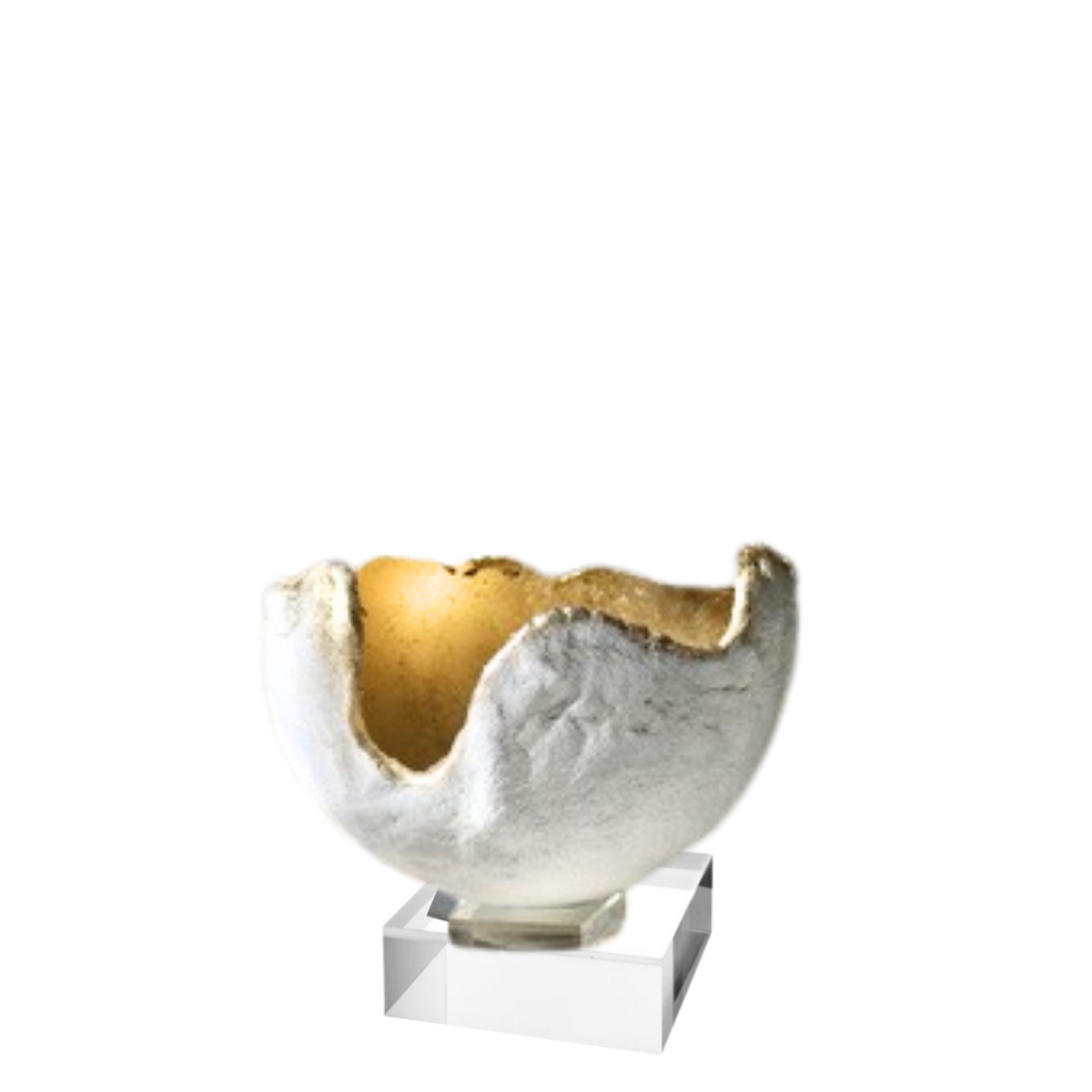 A textured white ceramic bowl with a rustic, cracked interior showing a warm gold-toned lining, displayed on a clear acrylic stand against a plain white background.