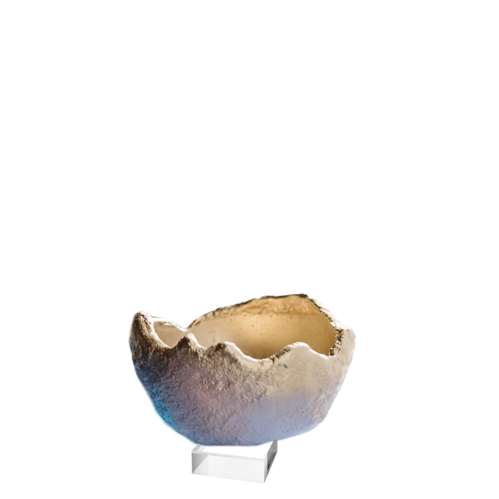 A small organic shell or bone bowl with a jagged rim, displayed on a clear acrylic stand against a solid white background.