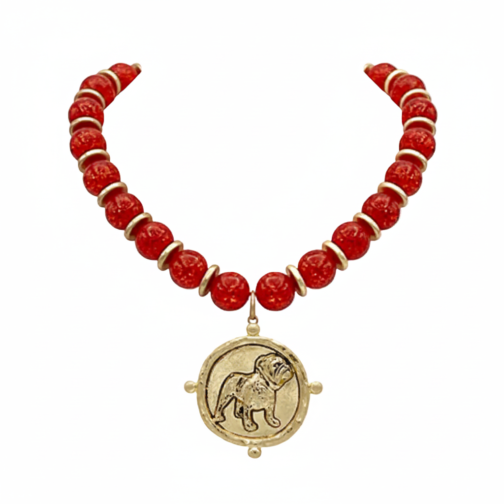 Bulldog Coin Pendant + Red Bead Necklace