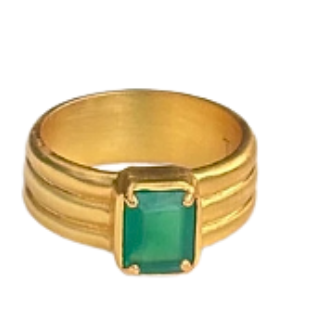 A gold ring with a wide, textured band and a rectangular green gemstone in the center, shown against a plain white background.