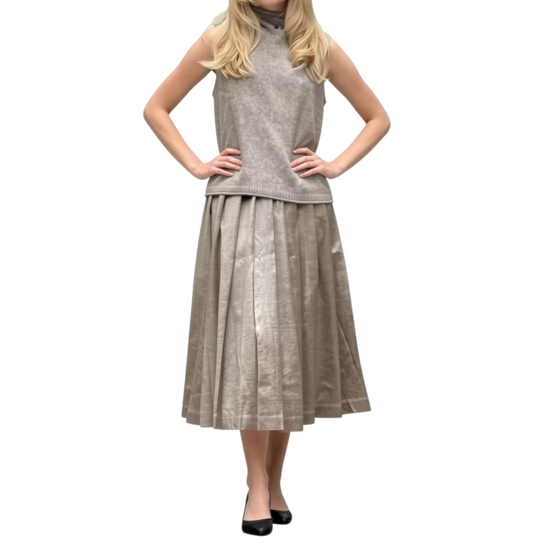 A woman modeling a sleeveless metallic taupe-gray top and matching pleated midi skirt, paired with black heels, against a plain white background.