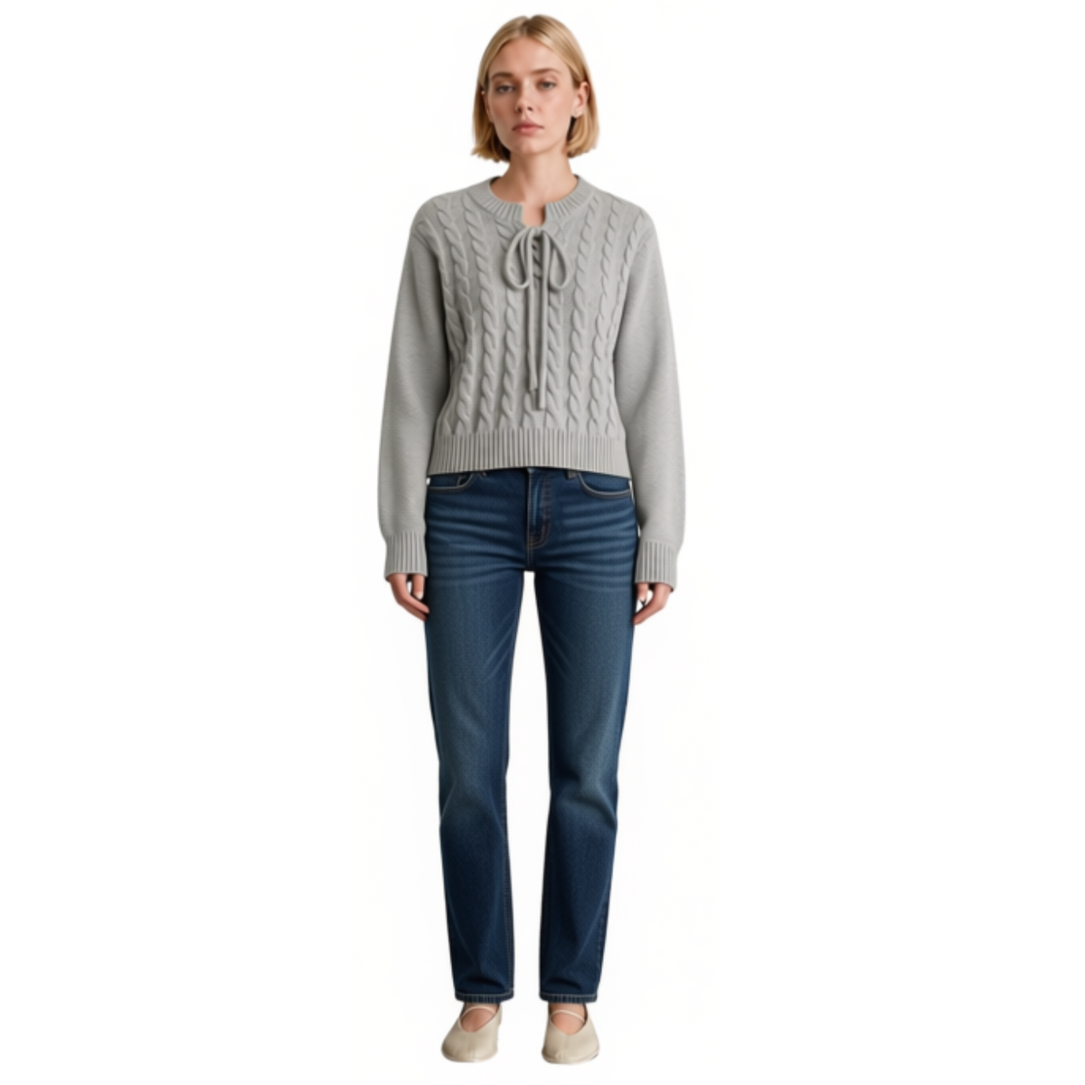 Grey Lace Up Cabled Sweater