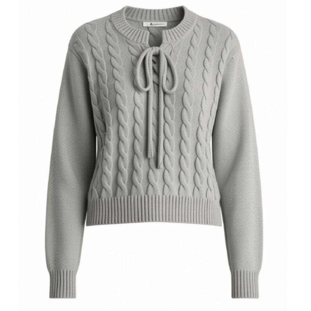 A light gray cable-knit cropped sweater with a crew neck, long sleeves, and a front tie detail, shown against a plain white background.