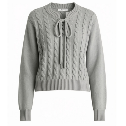 A light gray cable-knit cropped sweater with a crew neck, long sleeves, and a front tie detail, shown against a plain white background.