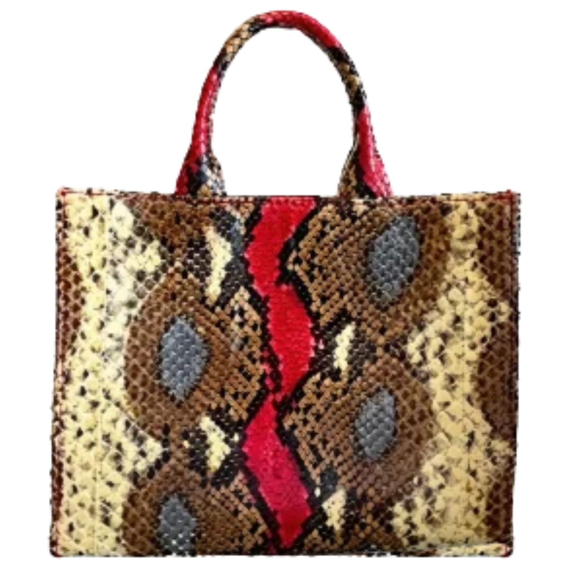 A snakeskin-patterned tote bag with brown, beige, and gray scales and a bold red vertical stripe down the center, featuring two top handles on a plain white background.