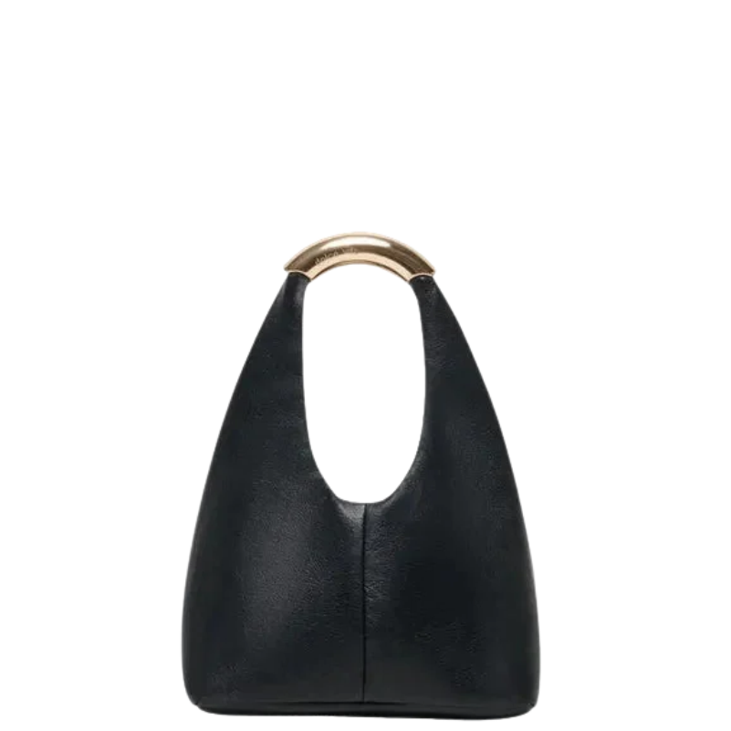 A black leather shoulder bag with a distinctive curved top handle featuring a polished gold-tone metal ring, centered on a plain white background.