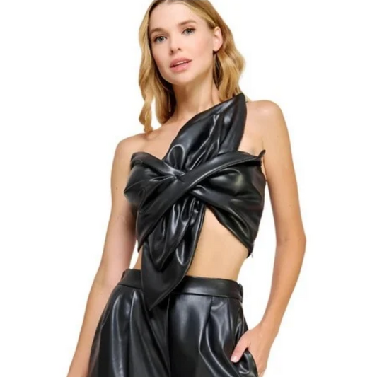 Black Leather Knotted Twist Crop Top