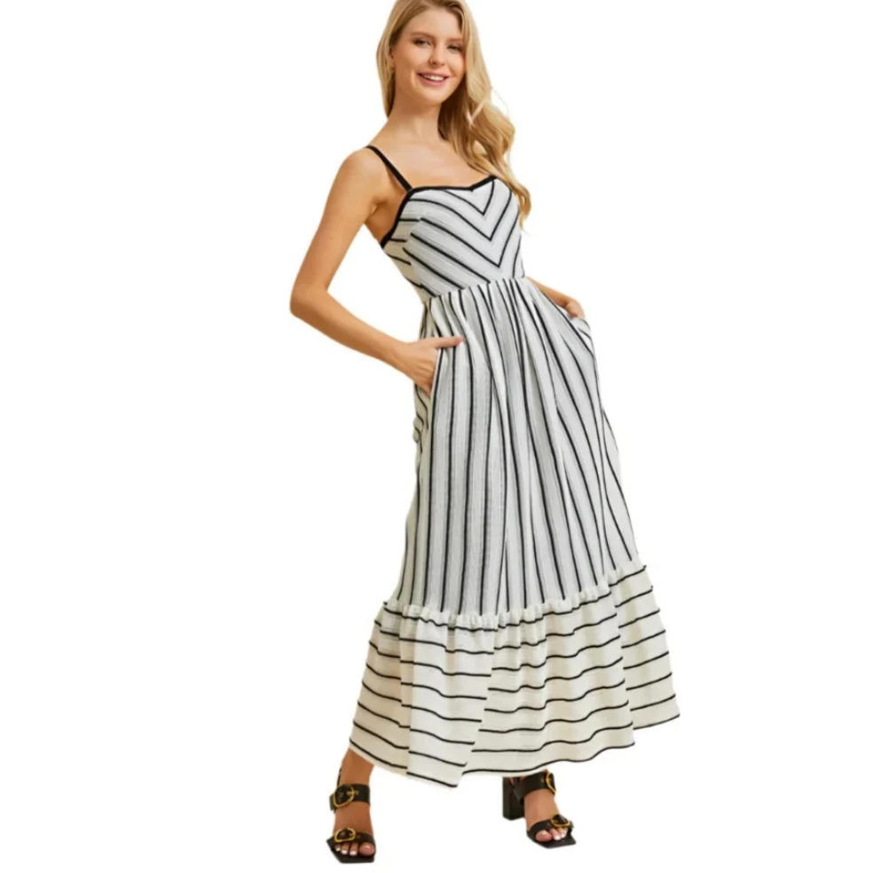 A woman modeling a sleeveless maxi dress with thin black and white vertical stripes, featuring a gathered waist and a tiered ruffled skirt, set against a plain white background.