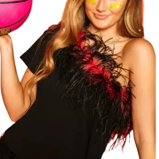 Queen Of Sparkles Black & Red Feather One Shoulder Tee