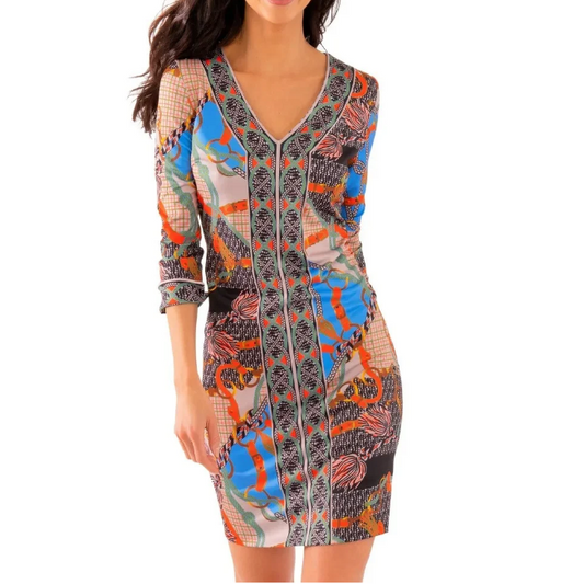 A woman modeling a short, bodycon dress with three-quarter sleeves and a colorful abstract print, shown against a plain white background.
