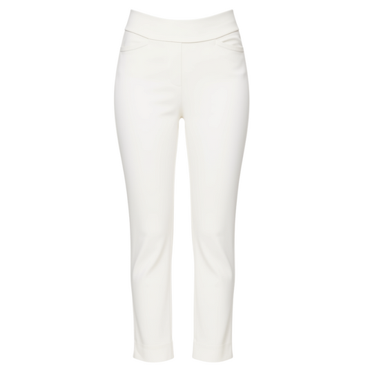 A pair of off-white cropped trousers shown on a invisible mannequin against a solid white background.