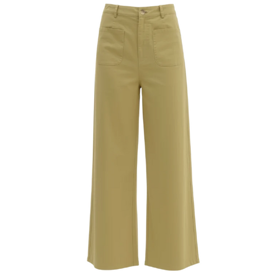 A pair of high-waisted, wide-leg cropped pants in a solid tan color, shown against a plain white background.