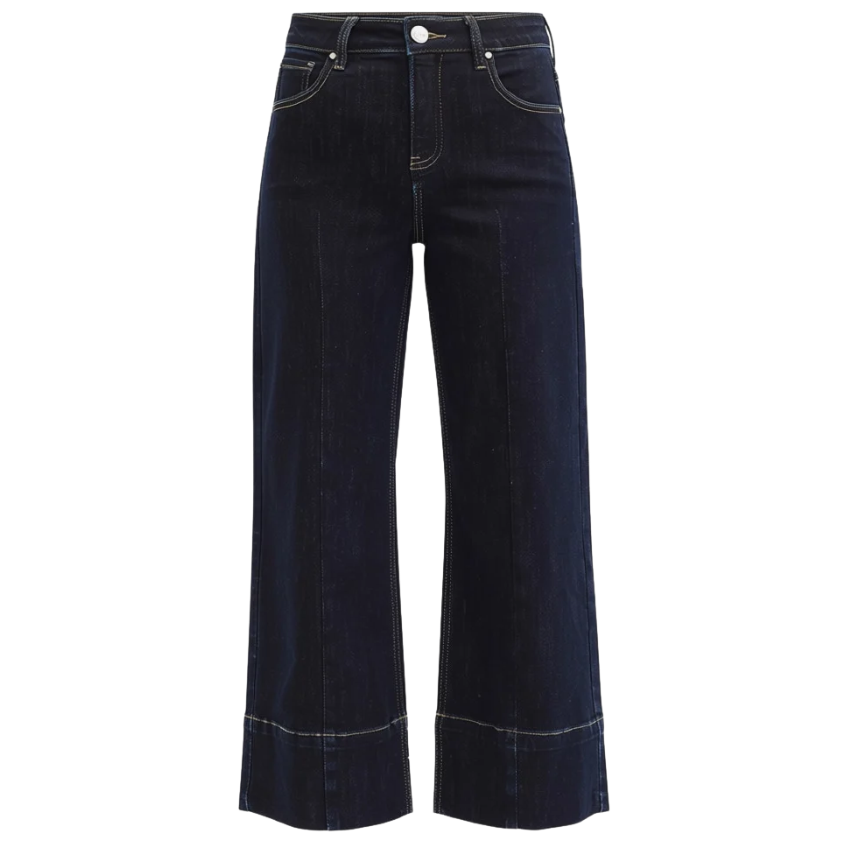 Dark indigo cropped flare jeans with contrast white stitching, shown flat against a solid white background.