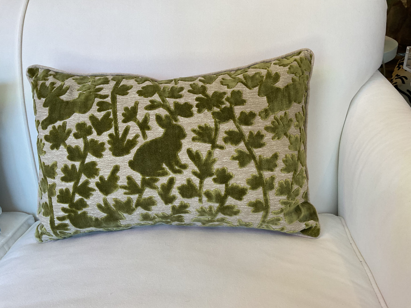 Green Velvet Bunny + Palm Lumbar Pillow