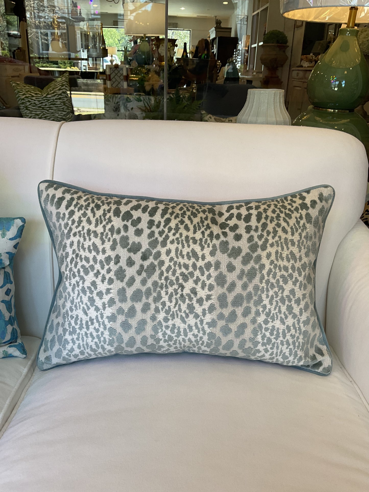 Aqua Leopard Velvet Lumbar Pillow
