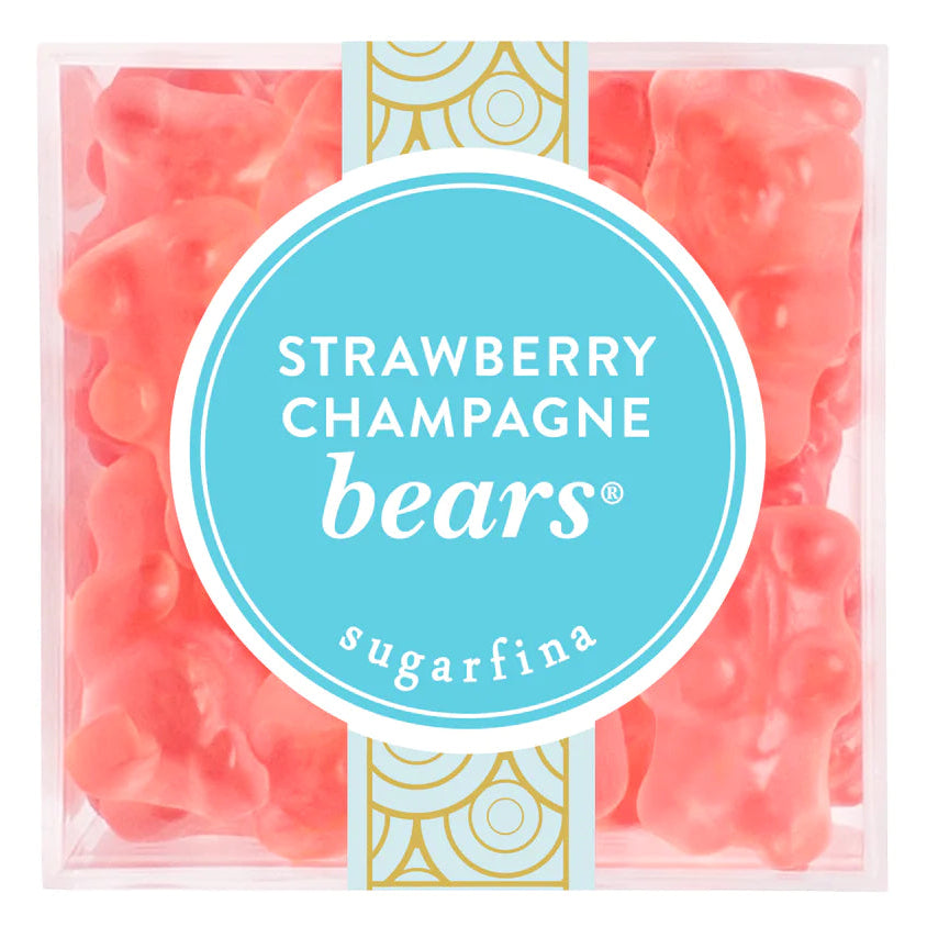 A clear packaging of Sugarfina Strawberry Champagne Bears candy, with a pink color scheme and branding details.
