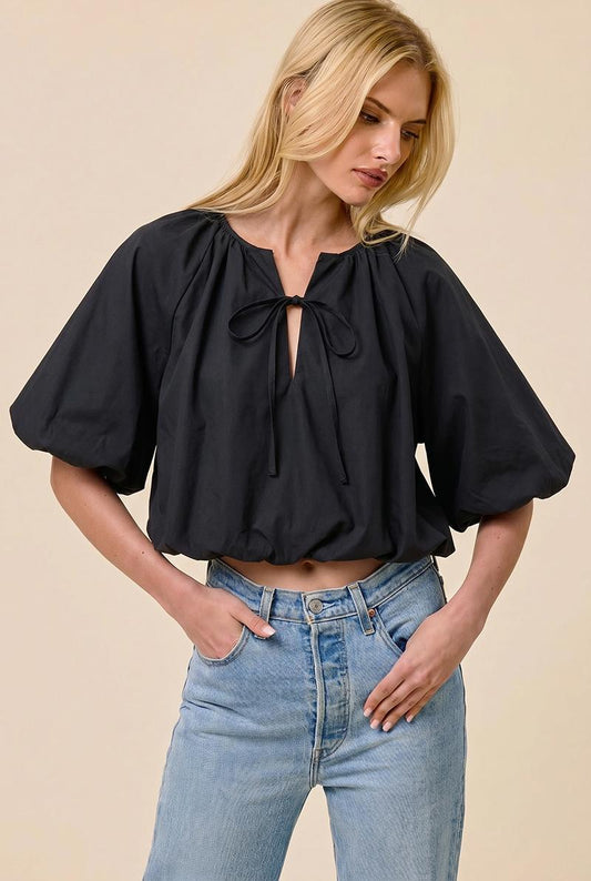 Balloon Sleeve Bubble Hemmed Poplin Blouse