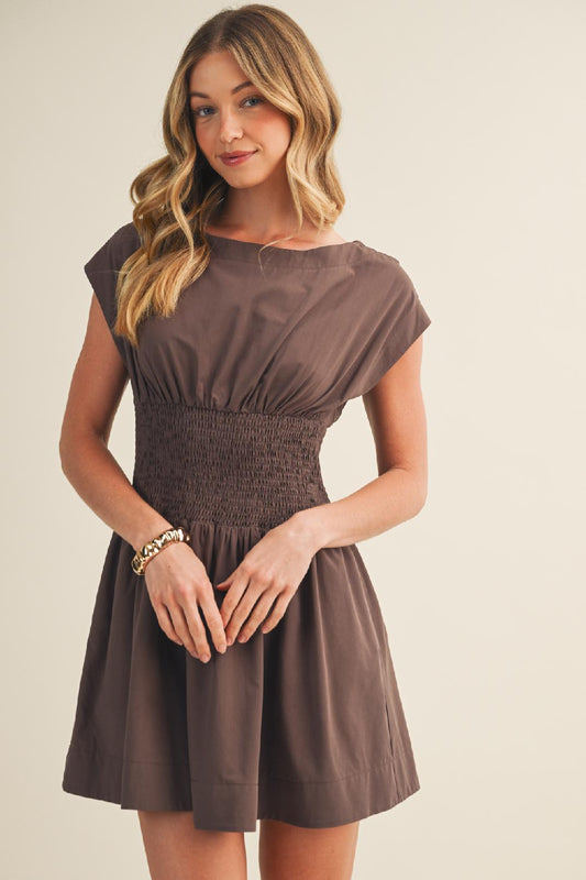 Scoop Neck Smocking Waist Dress in Brown