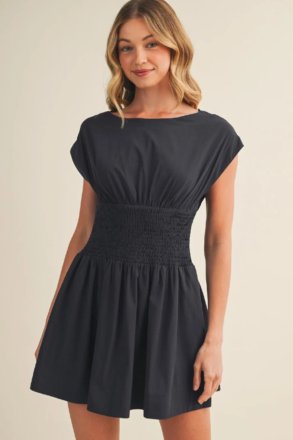 Scoop Neck Smocking Waist Dress in Navy