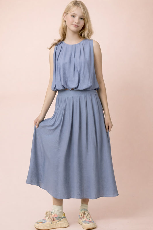Bubble Top and Skirt Two Piece Set in Blue
