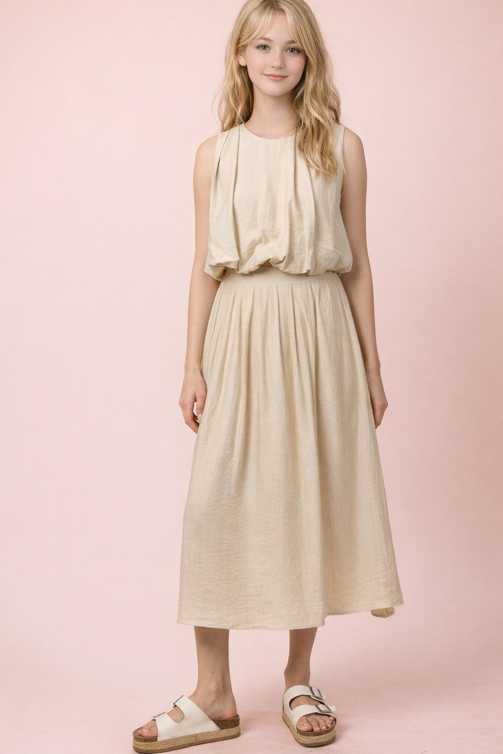 Bubble Top and Skirt Two Piece Set in Tan