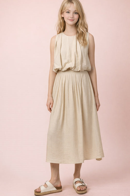 Bubble Top and Skirt Two Piece Set in Tan