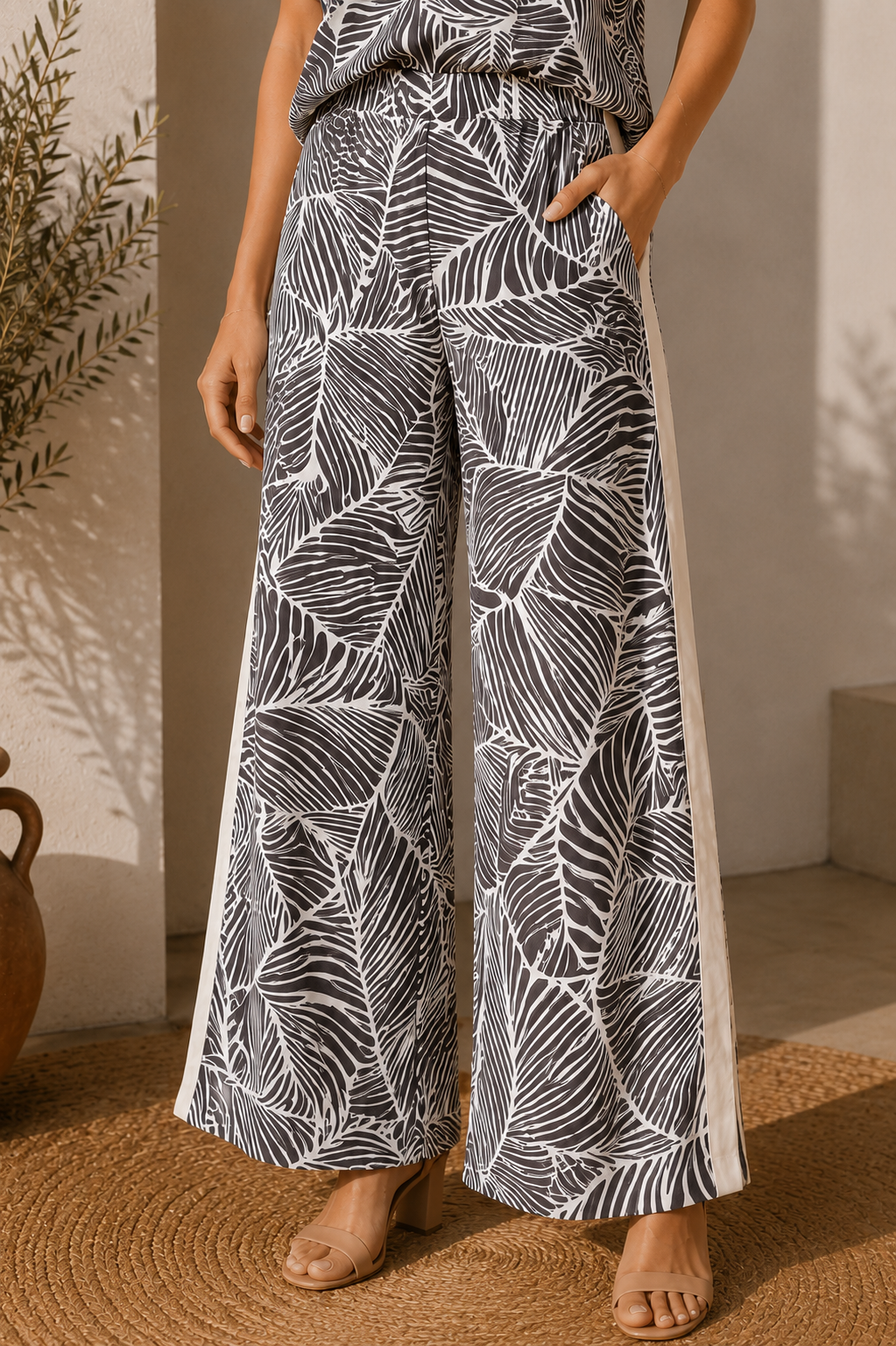 Leaf Print Pants in Grey