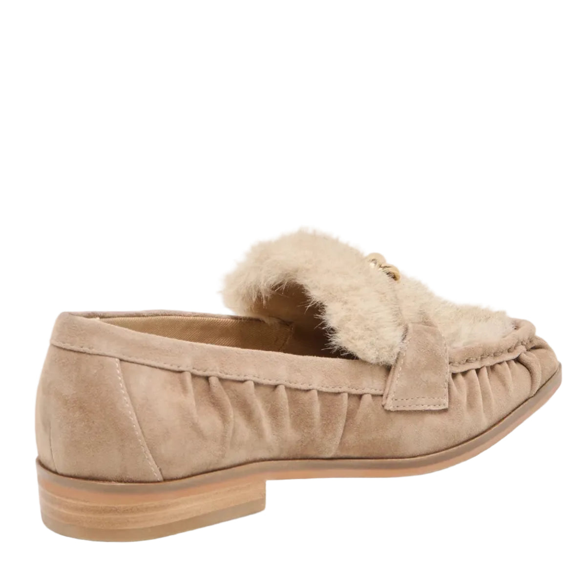 A single beige suede moccasin loafer with a soft cream shearling-style collar, shown from a side-rear angle on a light gray background.