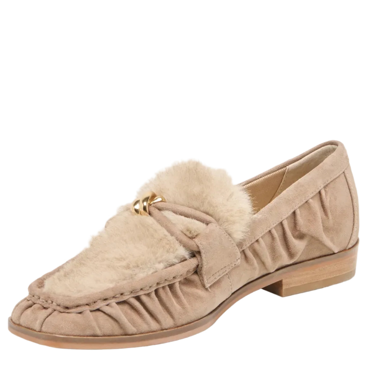 A single beige suede moccasin loafer with a fluffy cream shearling-style trim and a small gold-tone decorative accent on the toe strap, shown on a light gray background.