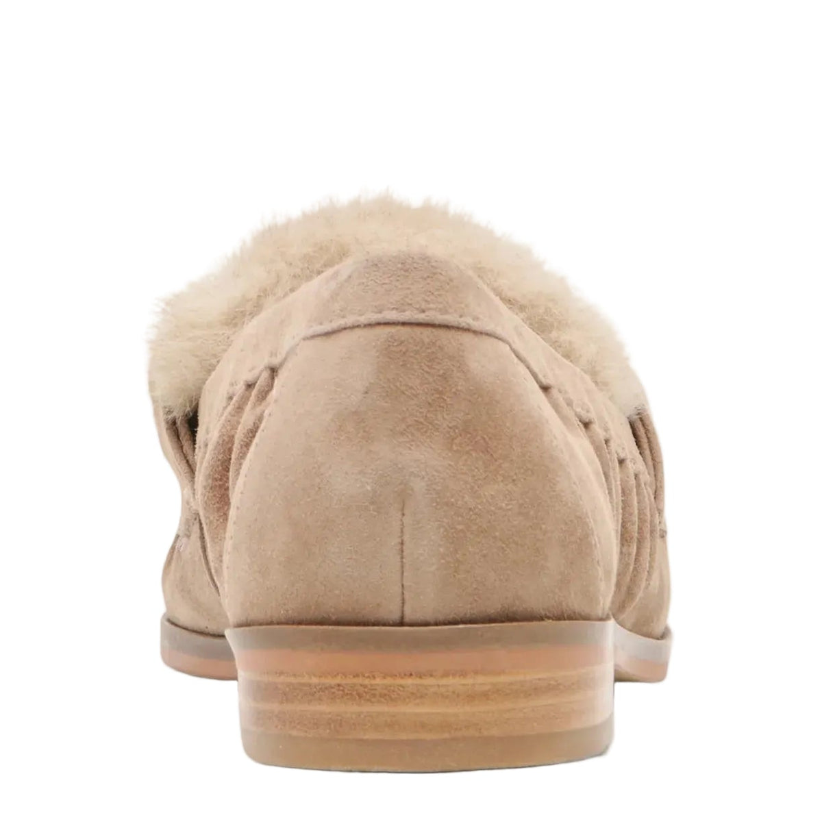 A single beige suede slipper with a fluffy cream shearling lining, shown from the back against a light gray background.