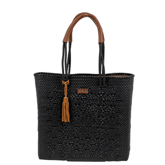 SHOULDER TOTE SOLID MULTI-DIAMOND BLACK (LEATHER COGNAC)