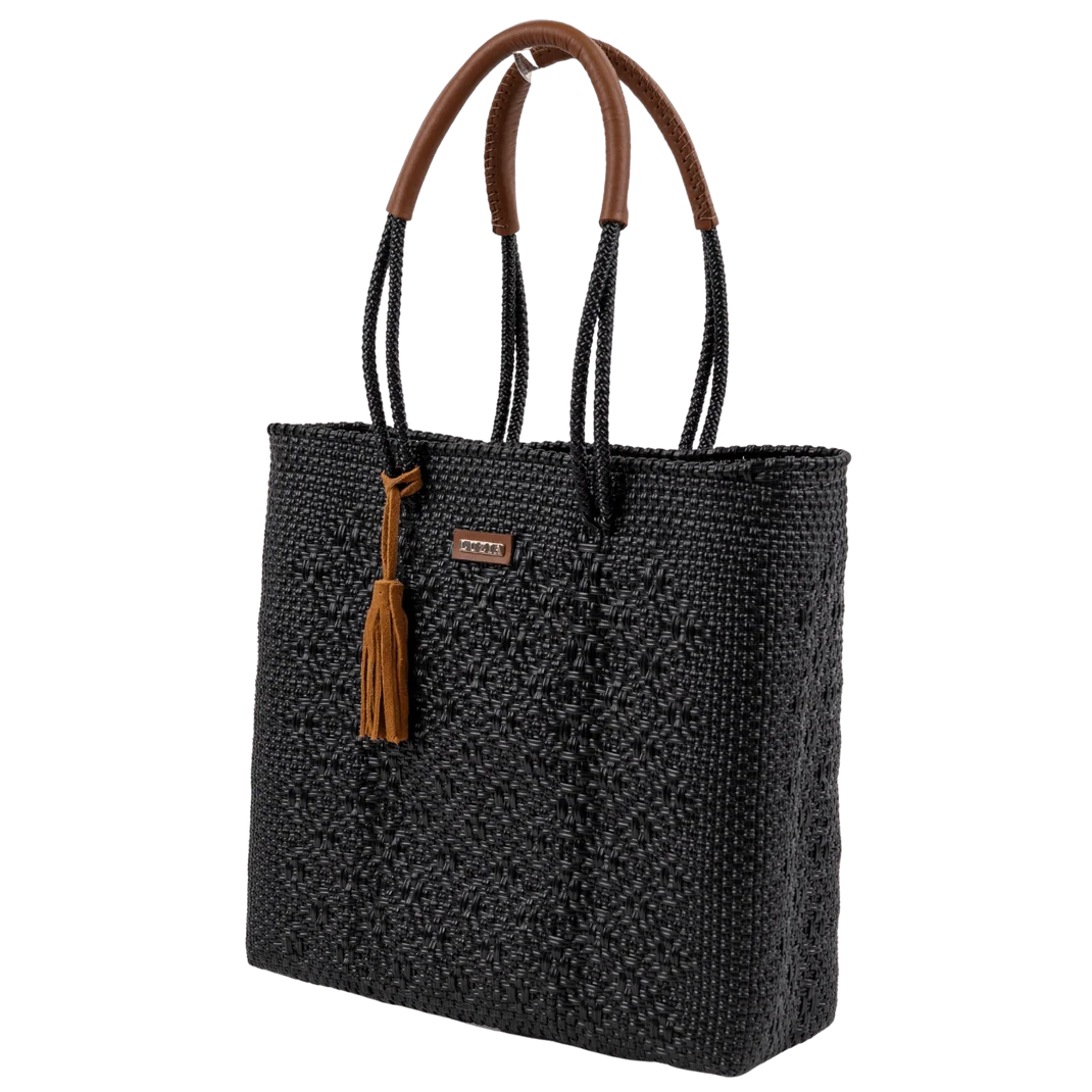 SHOULDER TOTE SOLID MULTI-DIAMOND BLACK (LEATHER COGNAC)