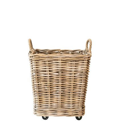 A natural woven wicker laundry hamper with integrated rope handles and small black caster wheels, shown against a plain white background.
