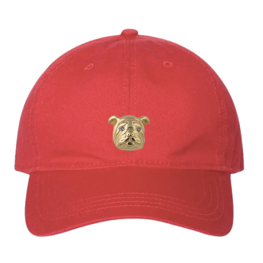 Red Baseball Hat with Gold Bulldog Charm